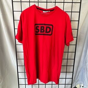 SBD Apparel; red with black writing, size XL.